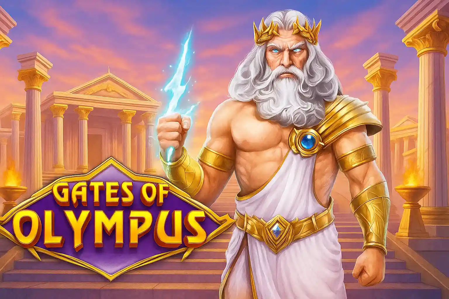 Zeus holding lightning in popular Gates of Olympus slot game