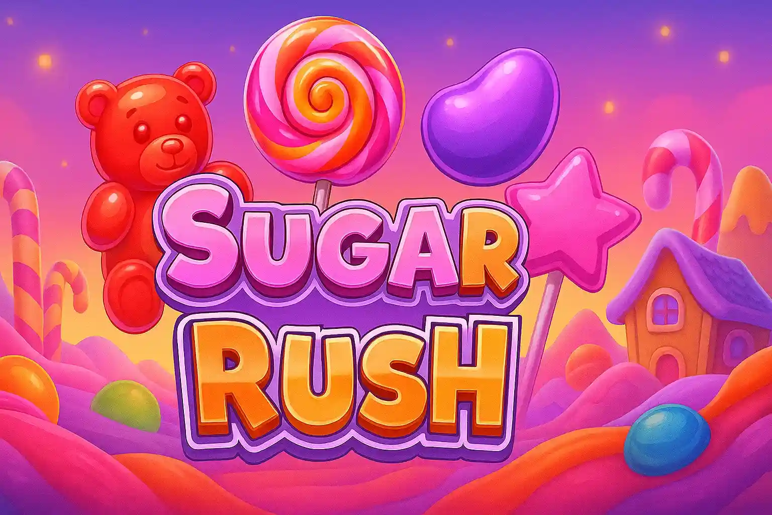 Sugar Rush slot with gummy bear lollipop and colourful candy landscape