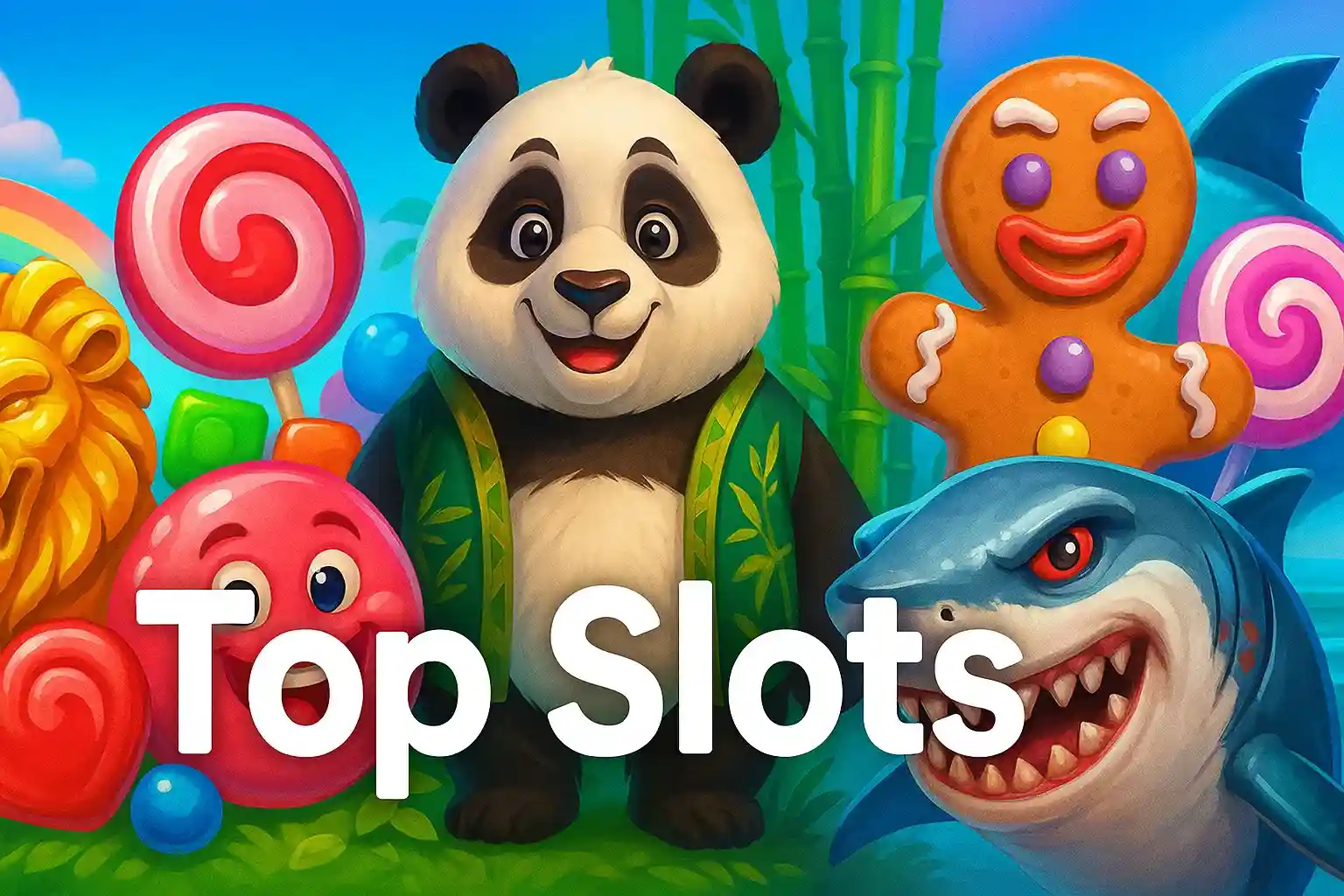 Colourful casino slots collection with panda shark and candy characters